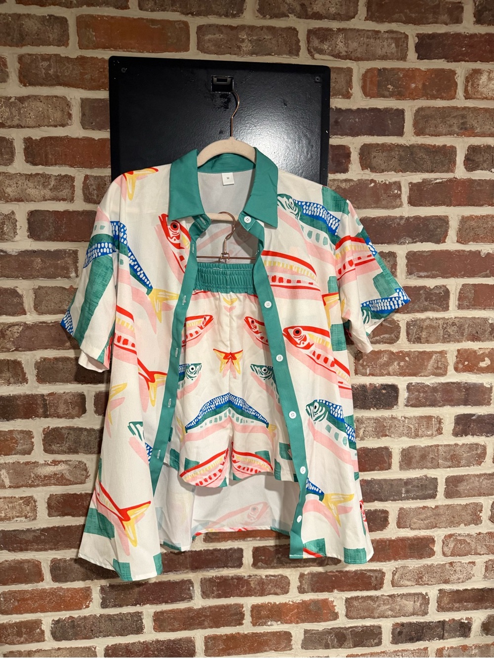 Amazon Two-Piece Fish Print Pajama Set in Cream, Green, Red, Blue